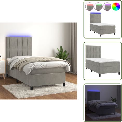 Boxspringbett mit Matratze & LED Hellgrau 90x200 cm Samt - Boxspringbett - Samtbett - Doppelbett - Liegefläche 90x200 Cm - LED Beleuchtung (1/5)