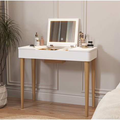 Tocador de MDF blanco, con espejo abatible y espacio de almacenamiento con puertas dobles (1/5)
