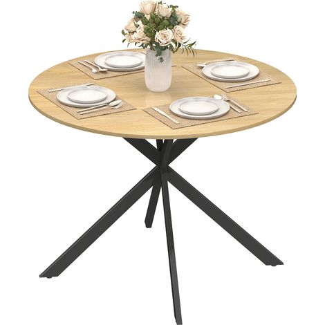 Table de salle à manger ronde pour 4 personnes, style industriel, pieds en acier, chêne. (1/5)
