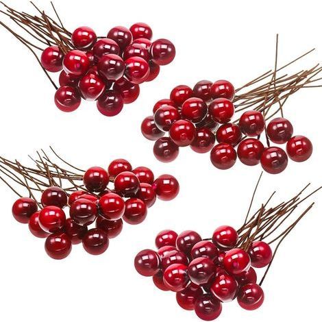 Baies de houx artificielles, 100 mini baies de 10 mm (avec fil), pour décoration de sapin, couronne de Noël, DIY (rouge vin) (1/5)
