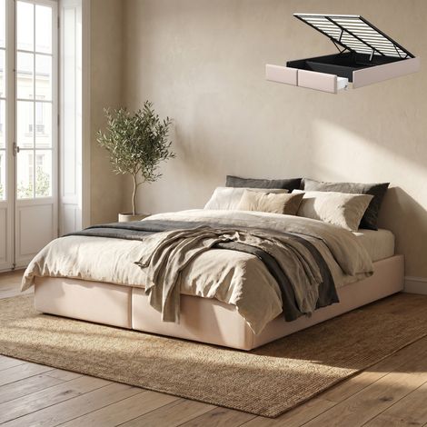 Lit coffre 140x200 avec sommier, sans tête de lit, 2 tiroirs, lit double adulte, tissu lin, style scandinave, Beige