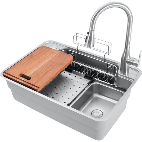 Évier de cuisine 700 x 480 x 230 mm, évier de plan de travail ou de bar, en acier inoxydable, ensemble d'évier encastrable, avec robinet coulissant et planche à découper, couleur argent (1/5)