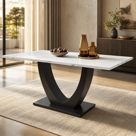 Table à manger rectangulaire 4 à 6 personnes, 140 x 75 x 75.5 cm, structure en métal, table de cuisine salon, MDF, blanc+noir (1/5)