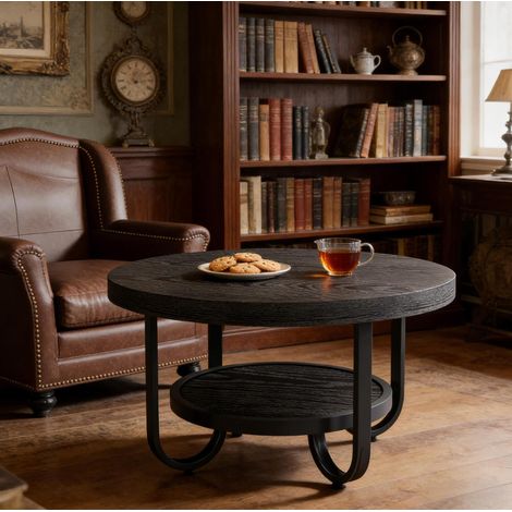 Table basse ronde à 2 niveaux, Ø 79,8 cm, MDF et métal, noire OKMYHOME (1/5)