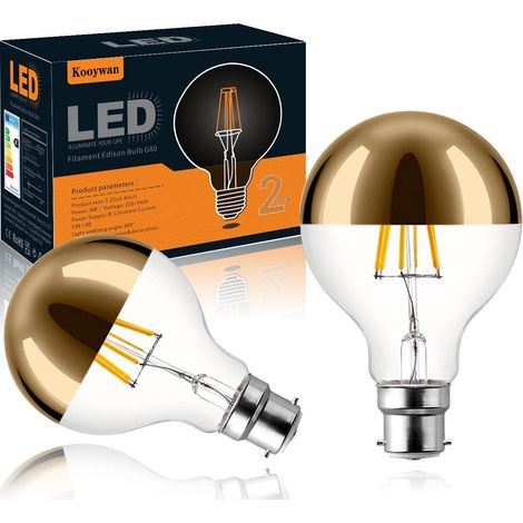 Lampe LED B22 à tête miroir dorée 6W blanc chaud G80 en version claire et avec optique à filament 2pcs (1/5)