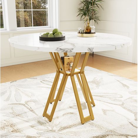 Table ronde à manger MDF effet marbre blanc et métal doré, diamètre 100 x H 76 cm (1/5)