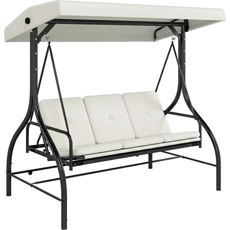 Altalena letto 3 posti con tenda regolabile, acciaio e poliestere, 195x117x175 cm, crema e nero