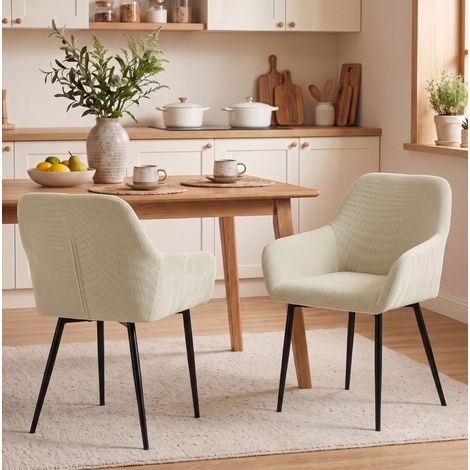 Juego de 2 sillas de comedor tapizadas con reposabrazos y patas metálicas, color crema, 58x59,5x81,5 cm (1/5)