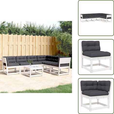 The Living Store 6-tlg. Garten-Sofagarnitur mit Kissen Weiß Massivholz Kiefer - Gartensorgsgarnitur - Gartenmöbelset - Esszimmertisch - Lounge Set - Terrassenmöbeln (1/5)