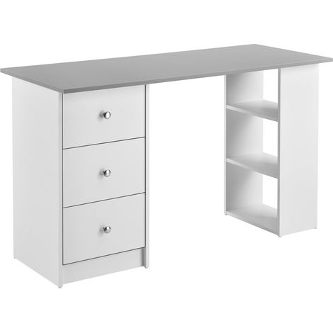 Bureau poste de travail table de bureau secrétaire poste de travail informatique avec 3 tiroirs et 3 étagères plat de bois mélaminé 120 x 49 x 72cm blanc et gris clair (1/5)