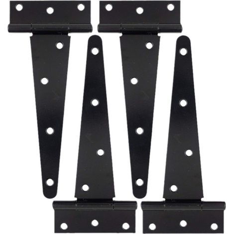 Juego de 4 bisagras en T negras, bisagras para puertas de granero, bisagras para puertas, bisagras planas de acero inoxidable para portones y cobertizos de jardín. (1/5)