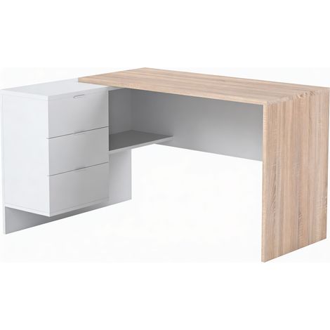 Scrivania Ufficio Studio Reversibile Con Cassettiera A 3 Cassetti Tavolo Da Lavoro Moderno Design Salvaspazio Soggiorno Salotto Studio Home Office 145 x 108 x 73 Cm Rovere E Bianco Opaco