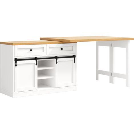 Drehbare, ausziehbare Kücheninsel 120-197 cm, Schiebetüren im Barn-Stil, 2 Schubladen, weiß (1/5)