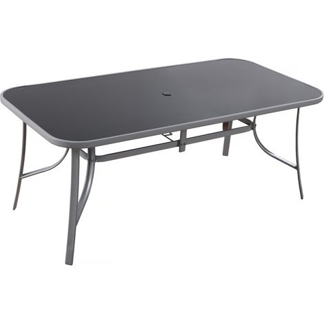 Habitat Et Jardin – Table de jardin en acier – Plateau en verre 180 x 90 cm – 8 places – Traitée anti-UV et anti-rouille – Argenté