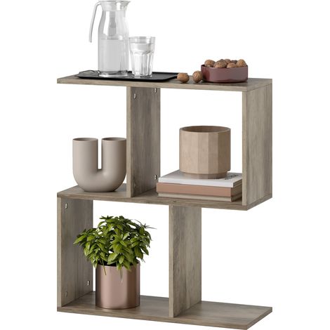 Side Table, Narrow End Table  Storage Shelves, S-Shaped, 3-Tier, 50W x 19.5D x 58H cm, Grey (1/5)
