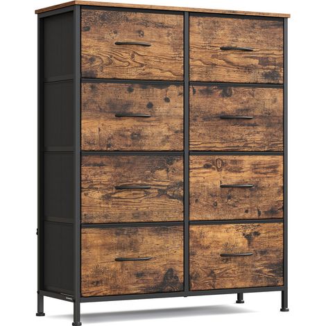 Commode à 8 tiroirs en tissu, acier, MDF, tissu non tissé, pour chambre à coucher, placard, couloir, salon, marron rustique et noir encre (1/5)