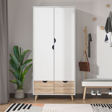 Armoire en bois à deux portes avec 1 étagère, 1 penderie, 2 tiroirs à poignées sculptées, blanche, 80 x 40 x 180 cm