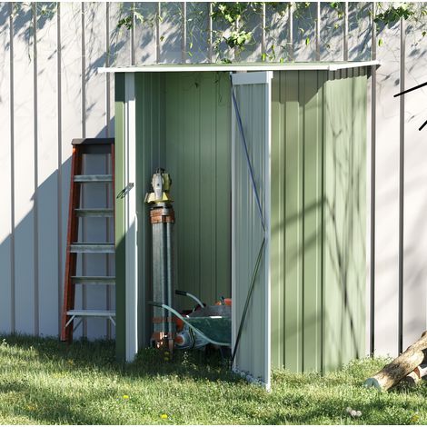 Capanno da giardino in metallo verde 142x84x189 cm, tetto inclinato, grande porta con serratura. (1/5)