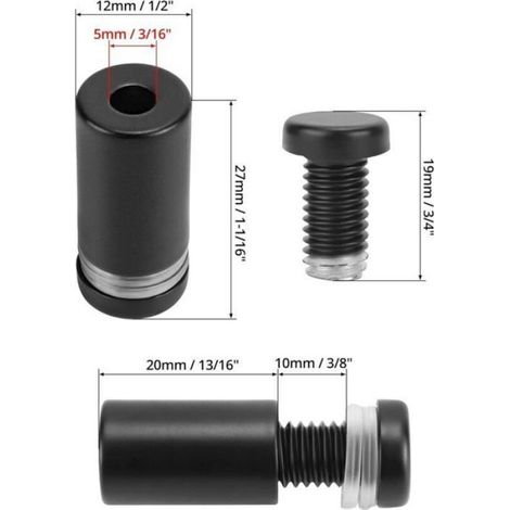 20pcs supports de verre – entretoises en acier inoxydable noir mat – pour panneaux publicitaires et étagères – 12 mm x 25 mm (1/4)