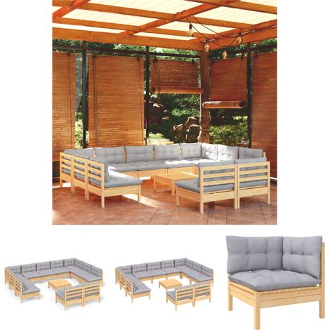The Living Store - 12-tlg. Garten-Lounge-Set mit Grauen Kissen Kiefer Massivholz (1/5)