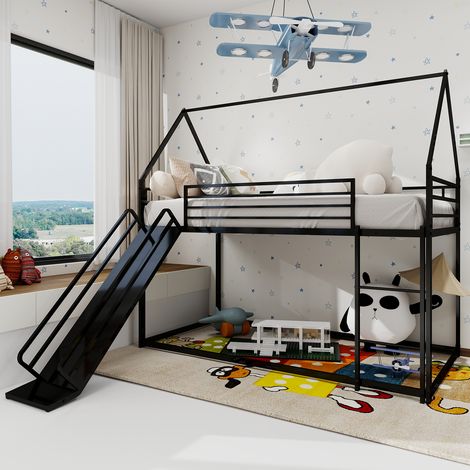 Lit Superposé Enfant 90x190cm - Toboggan Intégré - Garde-Corps 32cm - Structure Métal - Noir (1/4)
