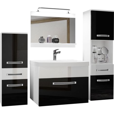 BELINI Meuble de Salle de Bain Lavabo Inclus, Meuble sous-Vasque, Miroir et 2X Cabinet Largeur: 140 cm Kit d'éclairage Inclus Couleur : Noir très Brillant/Blanc très Brillant (1/4)