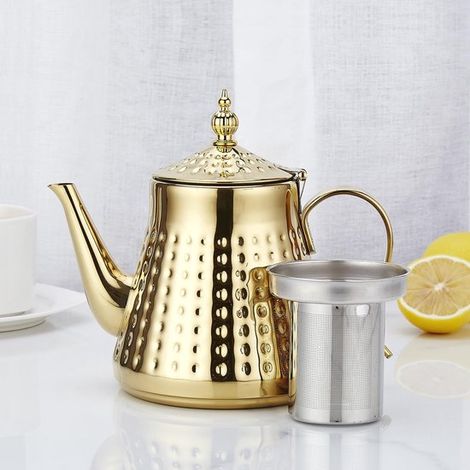 1,2-Liter-Edelstahl-Teekanne mit Teefilter – Spezialdeckel für losen Tee – Auch für Kaffee und kochendes Wasser geeignet – Goldfarben (1/5)