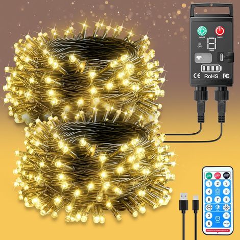 Guirlande Lumineuse à Pile Rechargeables Intérieur Extérieur LED 20M 200 LED avec Télécommande et Minuterie, 8 Modes d'Éclairage Étanche IP44 pour Décoration Maison, Noel, Jardin, Camping (1/5)