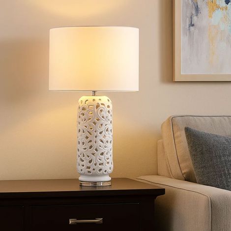 LED Tischleuchte Keramik weiß Beistellleuchte Textilschirm Tischlampe Wohnzimmer Modern, gemustert, 10,5W 1055lm warmweiß, DxH 40x71 cm