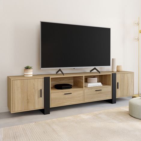 Mueble TV PHOENIX 200 cm 2 puertas 2 cajones madera y negro