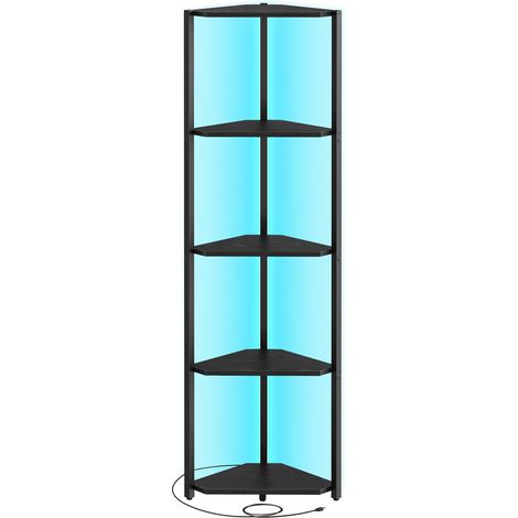 Étagère d'angle à 5 Niveaux, Bibliothèque avec Éclairage LED Réglable, Meuble de Rangement avec Cadre en Acier, 24,8 x 48 x 146,6 cm, pour Salon, Chambre, Bureau, Noir Boisé LBC590B02 (1/5)