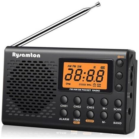 Portable AM/FM/shortwave radio, black, battery-operated, large digital display, alarm clock with snooze function, headphones included (1/5)
