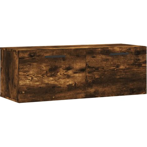 Mobiletto a muro funzionale e di design con vani portaoggetti decorativi 100 x 36,5 x 35 cm realizzato in legno composito finitura rovere affumicato 020048896