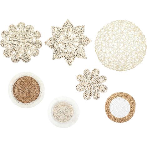 Juego de 7 cestas de pared estilo bohemio Decoración de pared de fibra vegetal tejida Juego para sala de estar y recibidor Decoración tejida a mano