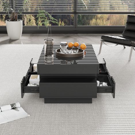Table basse brillante avec bande lumineuse LED, 4 tiroirs avant et arrière, grand espace de rangement (1/5)