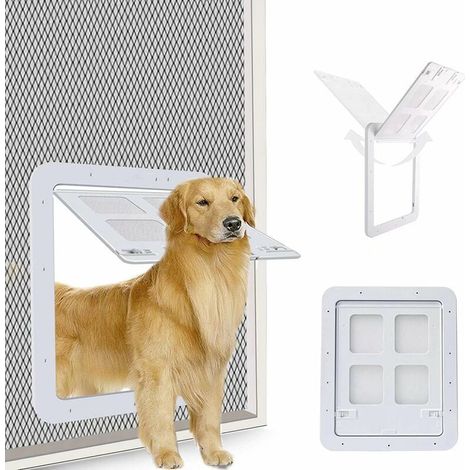 Porte moustiquaire pour chiens (taille extérieure 43cm x 37cm), porte moustiquaire pour animaux de compagnie avec serrure pour chiens et chiots, porte chien pour porte moustiquaire (L, blanc) (1/5)