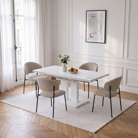 Ensemble de table à manger extensible, table à manger blanche brillante de 140 à 180 cm avec chaises, table de cuisine et de salle à manger moderne à piètement en colonne, idéale pour la salle à mange