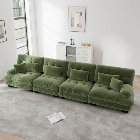 Canapé modulaire d'angle 4 places vert chenille à siège profond. Convertible confortable pour salon, appartement, studio et bureau