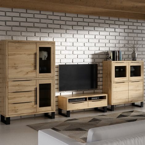 Set aus 3 Wohnzimmermöbeln, Kollektion MILO. Farbe Eiche. Industrial-Stil.