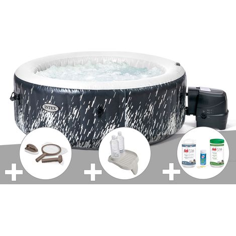 Kit spa gonflable Intex PureSpa Galaxie rond Bulles avec LED 4 places + Kit d'entretien + Porte-verre + Kit de traitement brome
