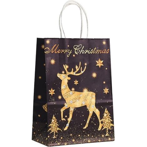 Set mit 12 wiederverwendbaren, schwarz-goldenen Weihnachtsgeschenktüten mit Henkeln zum Verpacken von Weihnachtsgeschenken, 21 x 15 x 7 cm (Rentier)