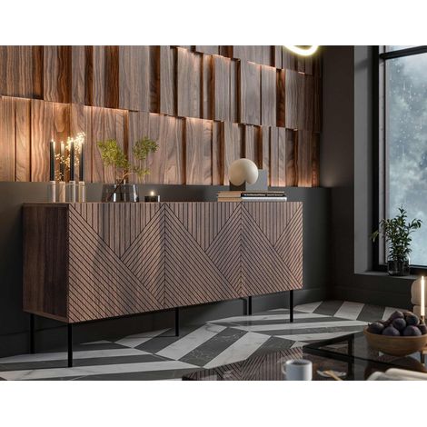 Bestmobilier – Buffet bas 150 cm – Effet bois foncé – 3 portes avec système push to open – Résistant à l'humidité et aux rayures