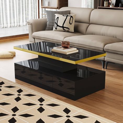 Table basse avec tiroirs, finition laquée brillante, 2 étagères et éclairage LED (1/5)