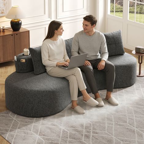 Sofa aus Leinen Dunkelgrau 240 cm mit Becherhaltern, Seitentaschen und 4 Kissen (1/5)