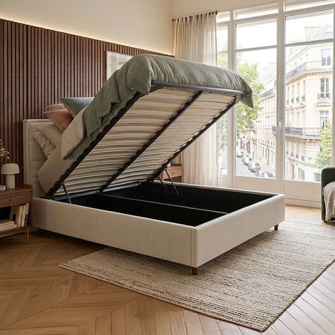 KIRA Lit double en tissu avec coffre en tissu beige 140x190 cm (1/5)