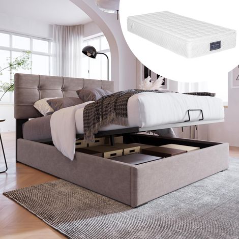 Lit simple hydraulique rembourré 90x200cm, tête de lit réglable, sommier à lattes en métal, velours, cadre de lit moderne avec espace de rangement, gris clair (matelas inclus), garantie 2 ans