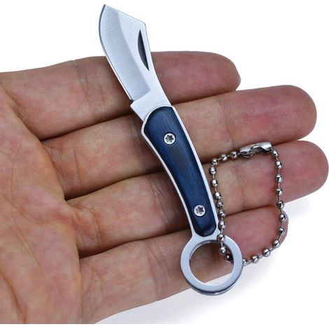 Mini Klappmesser mit Schlüsselanhänger, robust, blau, Holzgriff, EDC
