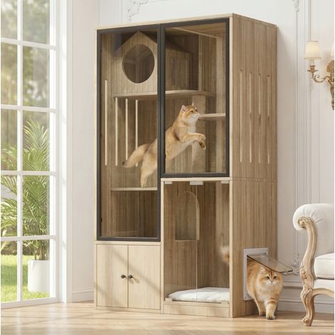 Cuccia per gatti a più livelli 90x50x160 cm con porta chiudibile a chiave, ripiani, in legno naturale, MDF e vetro (1/5)
