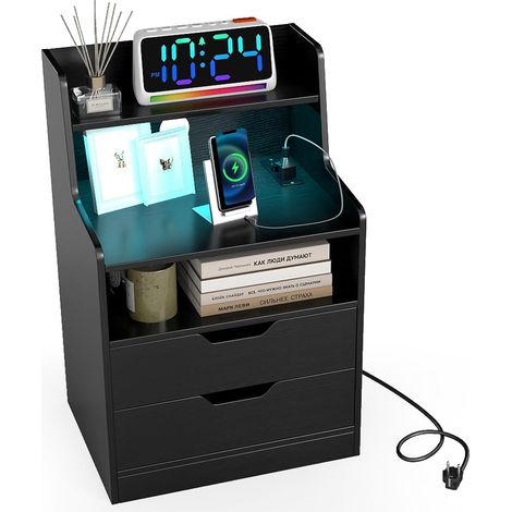 COSTWAY Comodino per Camera da Letto, Tavolino da Letto con Luci LED Regolabili e Stazione di Ricarica, Comodino Moderno con 2 Cassetti e Ripiano Aperto, per Soggiorno e Camera da Letto (Nero) (1/5)