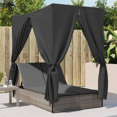 vidaXL Lettino Prendisole Doppio Tetto e Tende Grigio in Polyrattan